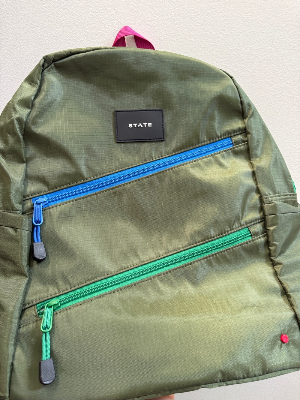 STATE Ripstop Backpack NWT olive with Blue and Green Zipper Accent DOUBLE zipper
